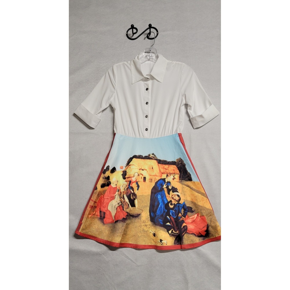 White Ss Button Up Short  Odressy Dress W/ M/C  Renaissance Painted Skirt Size S